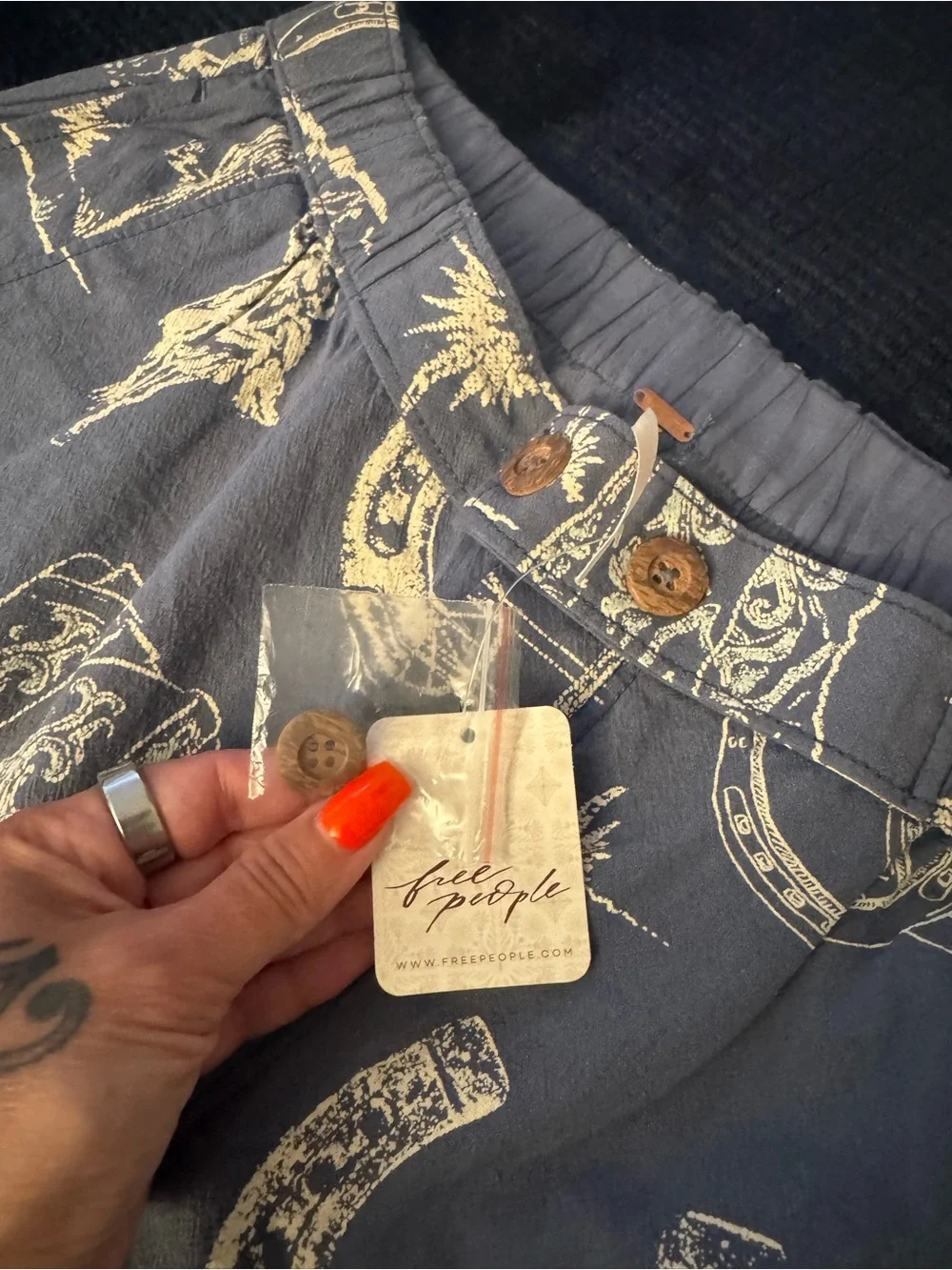 Free People Navy Pants with Cream Western Motif